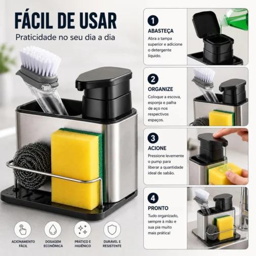 Dispenser 3 em 1 para Detergente com Porta Esponja e Escova em Aço Inox – Organizador de Pia com Reservatório para Sabão Líquido, Suporte Multifuncional para Cozinha Compacta - Imagem 4