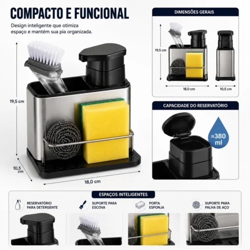 Dispenser 3 em 1 para Detergente com Porta Esponja e Escova em Aço Inox – Organizador de Pia com Reservatório para Sabão Líquido, Suporte Multifuncional para Cozinha Compacta - Imagem 5