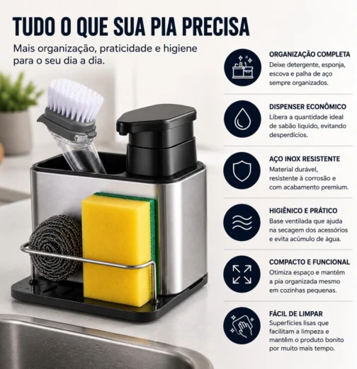 Dispenser 3 em 1 para Detergente com Porta Esponja e Escova em Aço Inox – Organizador de Pia com Reservatório para Sabão Líquido, Suporte Multifuncional para Cozinha Compacta - Imagem 6