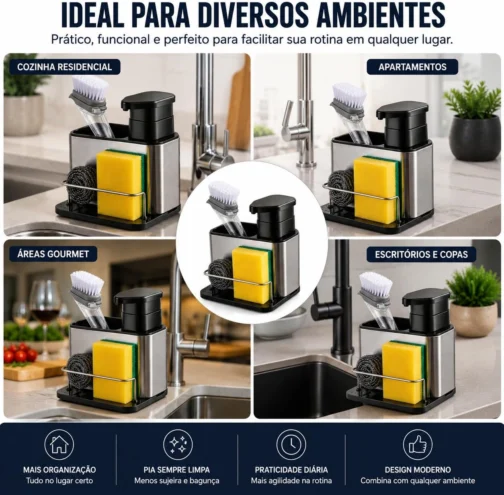 Dispenser 3 em 1 para Detergente com Porta Esponja e Escova em Aço Inox – Organizador de Pia com Reservatório para Sabão Líquido, Suporte Multifuncional para Cozinha Compacta - Imagem 7