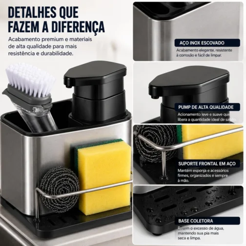 Dispenser 3 em 1 para Detergente com Porta Esponja e Escova em Aço Inox – Organizador de Pia com Reservatório para Sabão Líquido, Suporte Multifuncional para Cozinha Compacta - Imagem 8