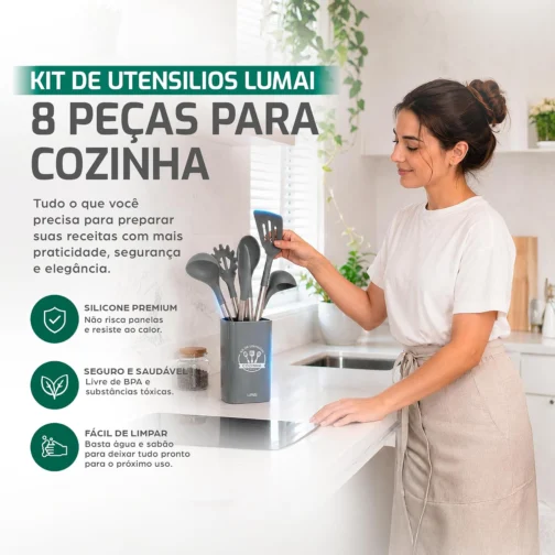 LUMAI Kit Utensílios de Cozinha Inox e Silicone 8 Peças com Suporte - Cinza - Imagem 2