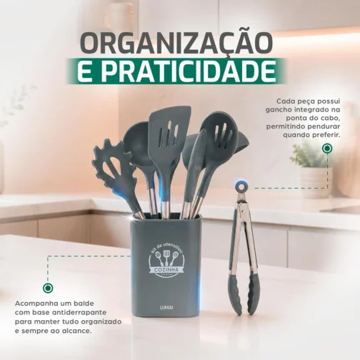 LUMAI Kit Utensílios de Cozinha Inox e Silicone 8 Peças com Suporte - Cinza - Imagem 3