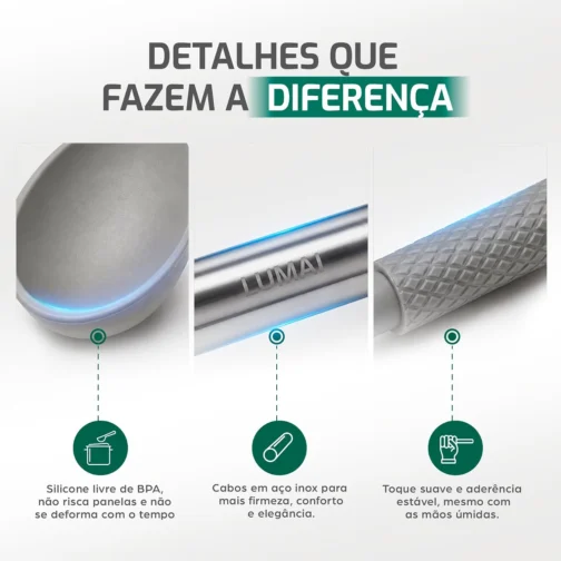 LUMAI Kit Utensílios de Cozinha Inox e Silicone 8 Peças com Suporte - Cinza - Imagem 5