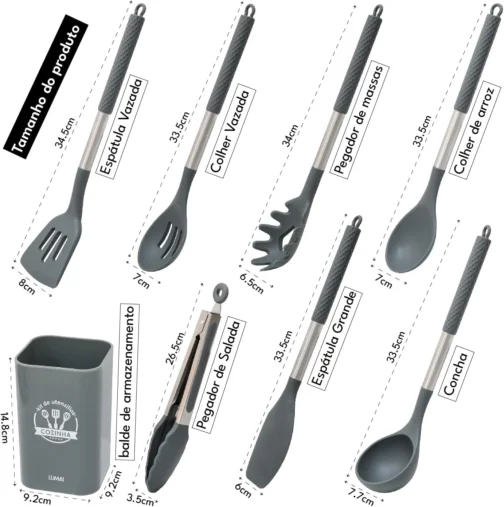 LUMAI Kit Utensílios de Cozinha Inox e Silicone 8 Peças com Suporte - Cinza - Imagem 6