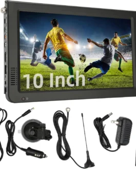 TV portátil de 10 polegadas, TV digital ATSC recarregável com VGA, AV, HDMI, ranhura para cartão USB/SD, MMC, sintonizador digital, ventosa e carregador de carro de 12 V e controlo remoto