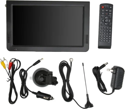TV portátil de 10 polegadas, TV digital ATSC recarregável com VGA, AV, HDMI, ranhura para cartão USB/SD, MMC, sintonizador digital, ventosa e carregador de carro de 12 V e controlo remoto - Imagem 4