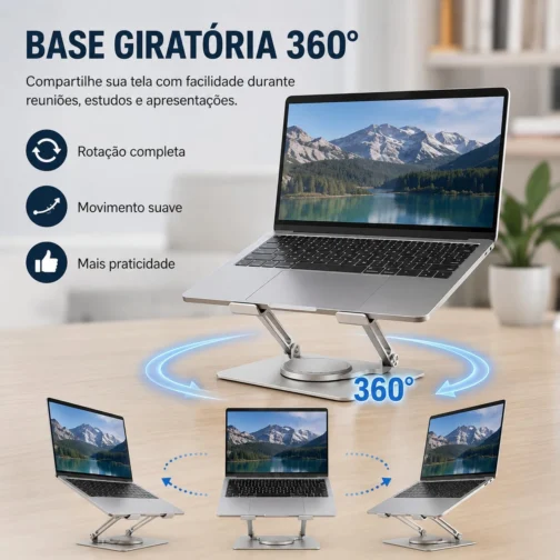 Suporte Notebook Aço Carbono Premium Giratório 360 Ajustável Dobrável Ergonômico para Notebook até 17 Polegadas - Imagem 2