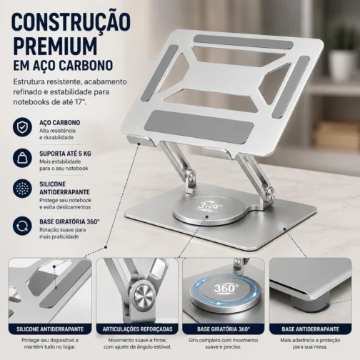 Suporte Notebook Aço Carbono Premium Giratório 360 Ajustável Dobrável Ergonômico para Notebook até 17 Polegadas - Imagem 4