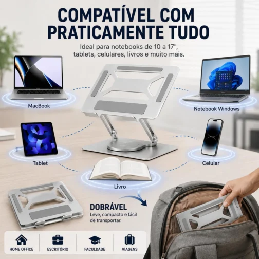 Suporte Notebook Aço Carbono Premium Giratório 360 Ajustável Dobrável Ergonômico para Notebook até 17 Polegadas - Imagem 5