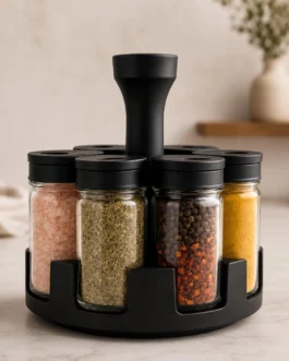 Organizador de Temperos Giratório 360° com 6 Potes de Vidro | Base Premium + Tampas Dosadoras – Cozinha Criativa e Funcional