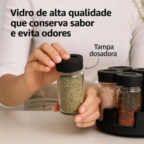 Organizador de Temperos Giratório 360° com 6 Potes de Vidro | Base Premium + Tampas Dosadoras – Cozinha Criativa e Funcional - Imagem 2