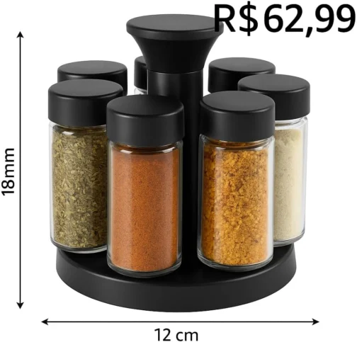 Organizador de Temperos Giratório 360° com 6 Potes de Vidro | Base Premium + Tampas Dosadoras – Cozinha Criativa e Funcional - Imagem 3