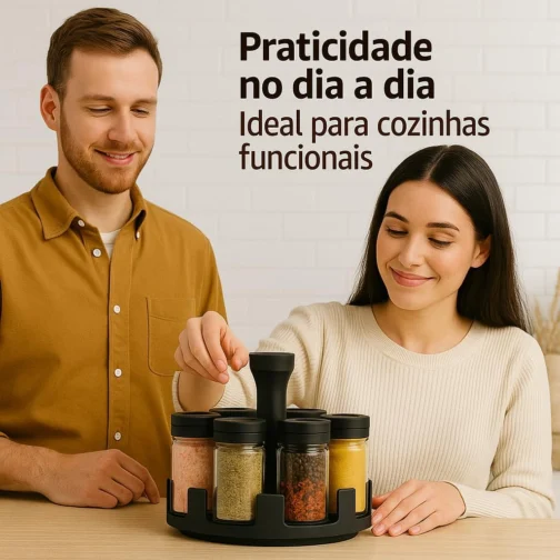 Organizador de Temperos Giratório 360° com 6 Potes de Vidro | Base Premium + Tampas Dosadoras – Cozinha Criativa e Funcional - Imagem 5