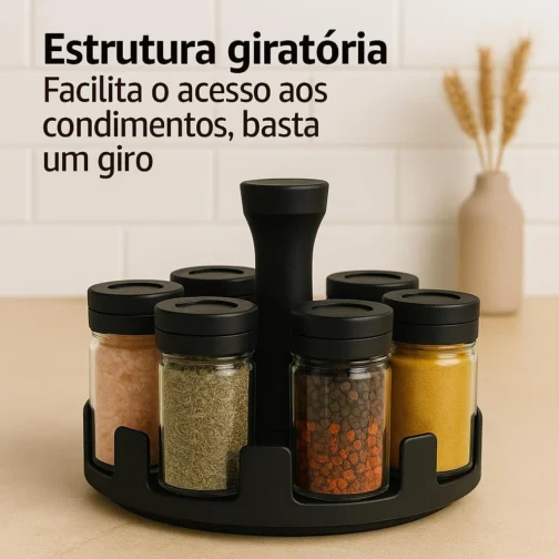 Organizador de Temperos Giratório 360° com 6 Potes de Vidro | Base Premium + Tampas Dosadoras – Cozinha Criativa e Funcional - Imagem 6