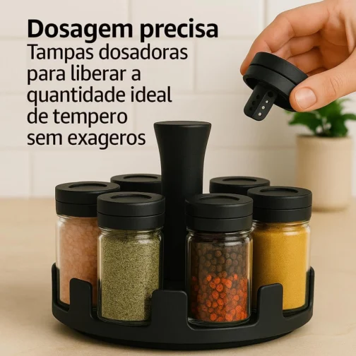 Organizador de Temperos Giratório 360° com 6 Potes de Vidro | Base Premium + Tampas Dosadoras – Cozinha Criativa e Funcional - Imagem 7