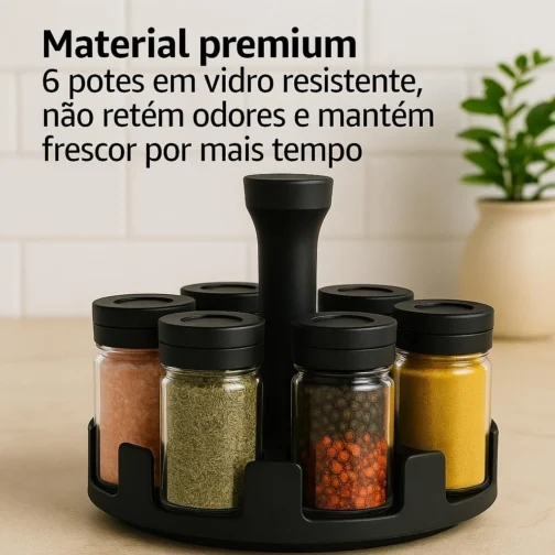 Organizador de Temperos Giratório 360° com 6 Potes de Vidro | Base Premium + Tampas Dosadoras – Cozinha Criativa e Funcional - Imagem 8