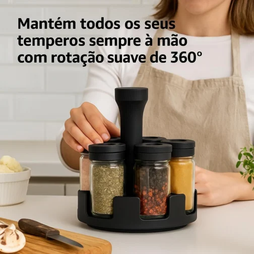 Organizador de Temperos Giratório 360° com 6 Potes de Vidro | Base Premium + Tampas Dosadoras – Cozinha Criativa e Funcional - Imagem 9