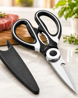 Tesoura de Cozinha Multifuncional Profissional Aço Inox Premium Cabo Ergonômico Antiderrapante Trava de Segurança Bainha Protetora Corta Frango Aves Carne Peixe Legumes Ervas Uso Doméstico 21cm