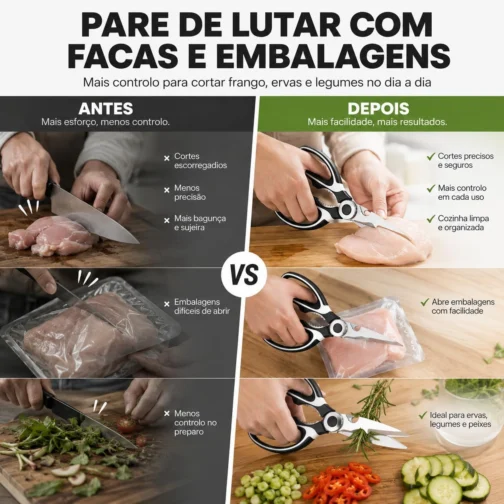 Tesoura de Cozinha Multifuncional Profissional Aço Inox Premium Cabo Ergonômico Antiderrapante Trava de Segurança Bainha Protetora Corta Frango Aves Carne Peixe Legumes Ervas Uso Doméstico 21cm - Imagem 2
