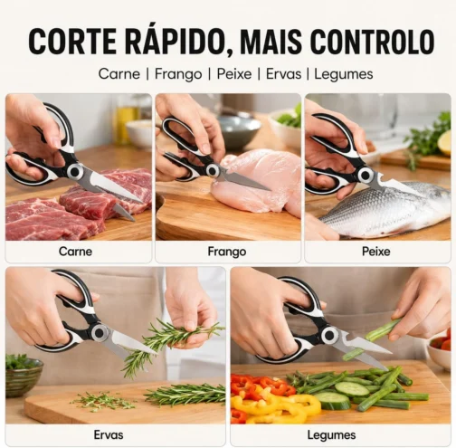 Tesoura de Cozinha Multifuncional Profissional Aço Inox Premium Cabo Ergonômico Antiderrapante Trava de Segurança Bainha Protetora Corta Frango Aves Carne Peixe Legumes Ervas Uso Doméstico 21cm - Imagem 3