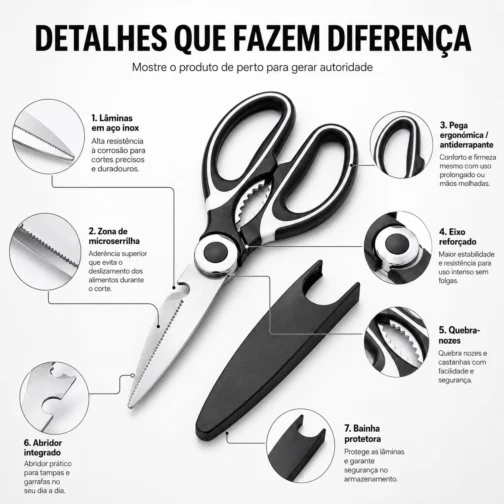 Tesoura de Cozinha Multifuncional Profissional Aço Inox Premium Cabo Ergonômico Antiderrapante Trava de Segurança Bainha Protetora Corta Frango Aves Carne Peixe Legumes Ervas Uso Doméstico 21cm - Imagem 4