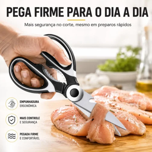 Tesoura de Cozinha Multifuncional Profissional Aço Inox Premium Cabo Ergonômico Antiderrapante Trava de Segurança Bainha Protetora Corta Frango Aves Carne Peixe Legumes Ervas Uso Doméstico 21cm - Imagem 5