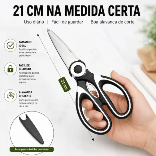Tesoura de Cozinha Multifuncional Profissional Aço Inox Premium Cabo Ergonômico Antiderrapante Trava de Segurança Bainha Protetora Corta Frango Aves Carne Peixe Legumes Ervas Uso Doméstico 21cm - Imagem 6