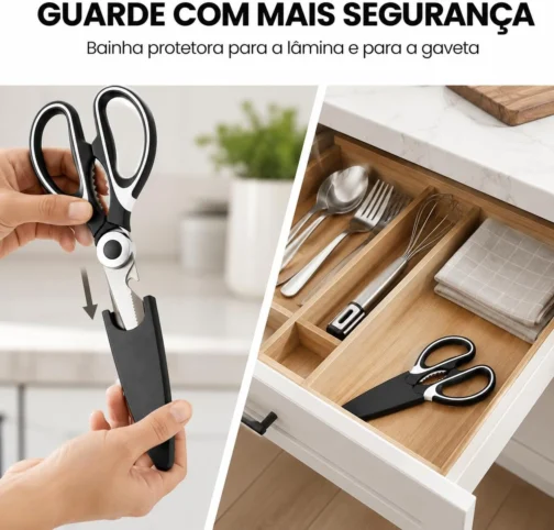 Tesoura de Cozinha Multifuncional Profissional Aço Inox Premium Cabo Ergonômico Antiderrapante Trava de Segurança Bainha Protetora Corta Frango Aves Carne Peixe Legumes Ervas Uso Doméstico 21cm - Imagem 7