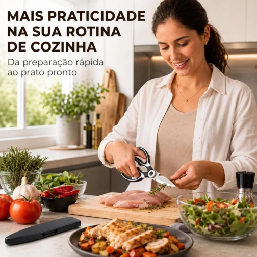 Tesoura de Cozinha Multifuncional Profissional Aço Inox Premium Cabo Ergonômico Antiderrapante Trava de Segurança Bainha Protetora Corta Frango Aves Carne Peixe Legumes Ervas Uso Doméstico 21cm - Imagem 9
