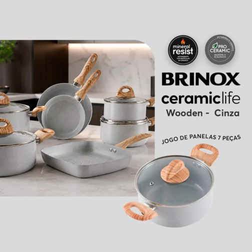 Jogo de Panelas Brinox 7 Pecas Wooden Cinza - Conjunto de Panelas - Imagem 2