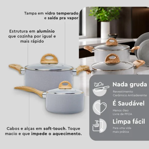 Jogo de Panelas Brinox 7 Pecas Wooden Cinza - Conjunto de Panelas - Imagem 5