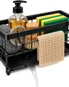 Suporte de Pia Organizador de Cozinha em Aço Carbono Preto Antiferrugem com Bandeja Coletora Porta Esponja Detergente e Pano Compacto Resistente e Sem Furos para Mais Organização e Praticidade
