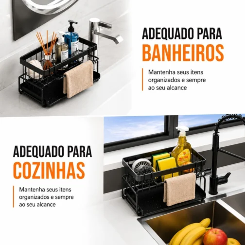 Suporte de Pia Organizador de Cozinha em Aço Carbono Preto Antiferrugem com Bandeja Coletora Porta Esponja Detergente e Pano Compacto Resistente e Sem Furos para Mais Organização e Praticidade - Imagem 2