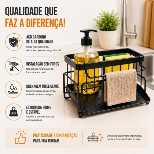Suporte de Pia Organizador de Cozinha em Aço Carbono Preto Antiferrugem com Bandeja Coletora Porta Esponja Detergente e Pano Compacto Resistente e Sem Furos para Mais Organização e Praticidade - Imagem 3