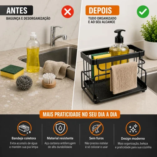 Suporte de Pia Organizador de Cozinha em Aço Carbono Preto Antiferrugem com Bandeja Coletora Porta Esponja Detergente e Pano Compacto Resistente e Sem Furos para Mais Organização e Praticidade - Imagem 4