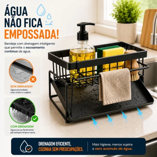 Suporte de Pia Organizador de Cozinha em Aço Carbono Preto Antiferrugem com Bandeja Coletora Porta Esponja Detergente e Pano Compacto Resistente e Sem Furos para Mais Organização e Praticidade - Imagem 5
