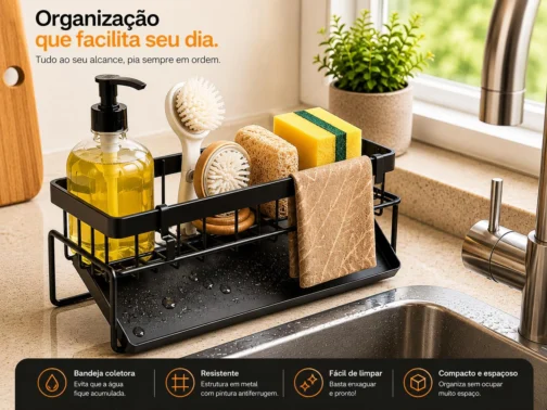 Suporte de Pia Organizador de Cozinha em Aço Carbono Preto Antiferrugem com Bandeja Coletora Porta Esponja Detergente e Pano Compacto Resistente e Sem Furos para Mais Organização e Praticidade - Imagem 6