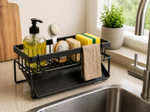 Suporte de Pia Organizador de Cozinha em Aço Carbono Preto Antiferrugem com Bandeja Coletora Porta Esponja Detergente e Pano Compacto Resistente e Sem Furos para Mais Organização e Praticidade - Imagem 7