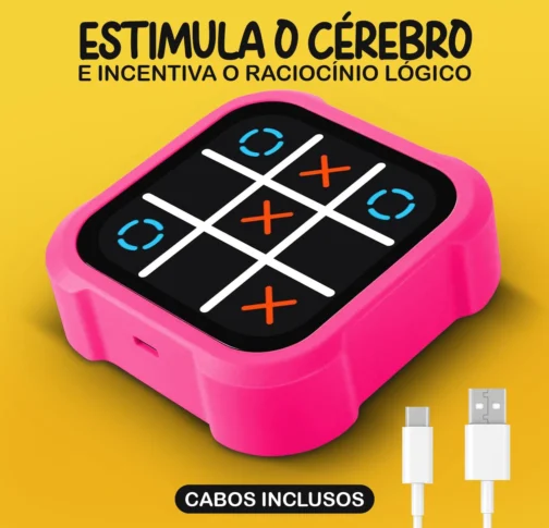 Jogo da Velha Eletrônico 4 em 1 Infantil, Brinquedo Educativo de Raciocínio Lógico com Tela Touch, Memória e Toupeira, Portátil e Recarregável USB, Rosa - Imagem 2
