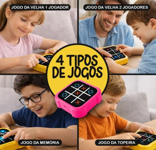 Jogo da Velha Eletrônico 4 em 1 Infantil, Brinquedo Educativo de Raciocínio Lógico com Tela Touch, Memória e Toupeira, Portátil e Recarregável USB, Rosa - Imagem 3