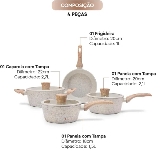 Brinox - Jogo de Panelas 4 Peças com Fundo de Indução Antiaderente Ceramic Life Sirius - Vanilla - Imagem 4