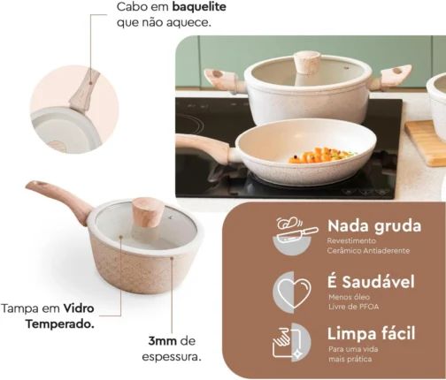Brinox - Jogo de Panelas 4 Peças com Fundo de Indução Antiaderente Ceramic Life Sirius - Vanilla - Imagem 5