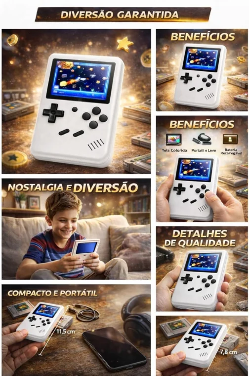 Vídeo Game Portátil Retro com Tela Colorida Console Compacto com Jogos Integrados Infantil e Adulto (Branco) - Imagem 4