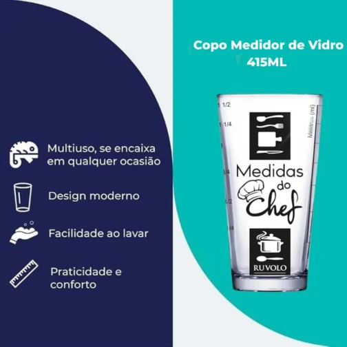 Ruvolo, Copo Medidor Vidro Chef Cozinha Receitas Profissional Resistente Multiuso 415ml - Imagem 3