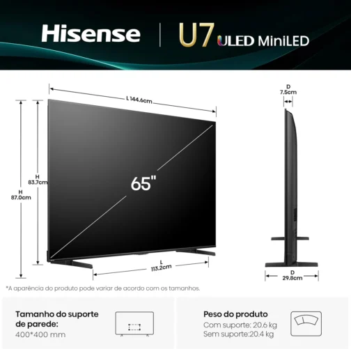 Hisense Smart TV 4K 65" Polegadas 65U7QG Mini LED - Imagem 4