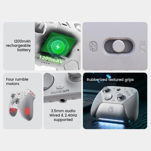 GameSir G7 Pro Controle Gamer Tri-Mode para Xbox, PC e Android Sem Fio 2.4G/Bluetooth e Com Fio Joystick Hall Effect + TMR 1000Hz Polling Rate Botões Macro Giroscópio Vibração 4 Motores Anti-Drift Controle Profissional - Branco - Imagem 5