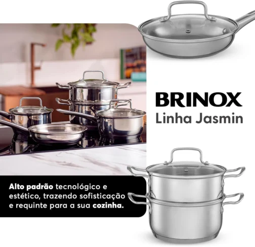 Jogo de Panelas Brinox Aço Inoxidável Fundo Triplo 5 Peças Jasmin com Indução - Imagem 2