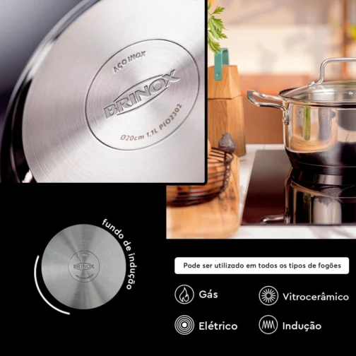 Jogo de Panelas Brinox Aço Inoxidável Fundo Triplo 5 Peças Jasmin com Indução - Imagem 3