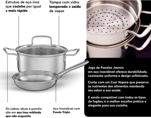 Jogo de Panelas Brinox Aço Inoxidável Fundo Triplo 5 Peças Jasmin com Indução - Imagem 4